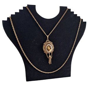 Vintage Arthur Pepper Necklace Signed ART Double Strand Cameo Pendant Gold Tone